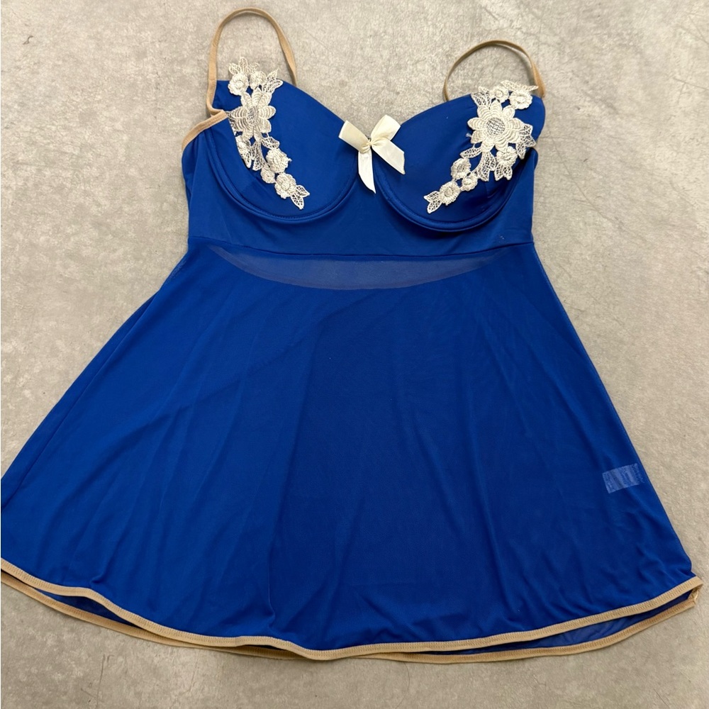 Bright Blue Mesh Baby Doll With Padded Bra, Ivory Lace & Bow Accents -  Large